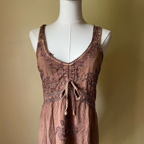 Vintage Y2K Brown Embroidered Slip Dress Fringe Hem Boho Summer Festival Small - Picture 2 of 10